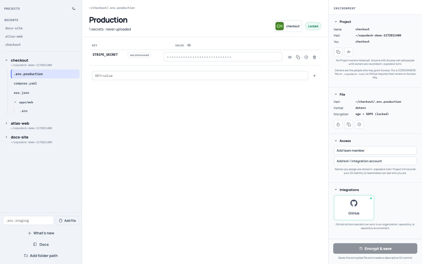 Sopsdeck showing a production secrets file with values hidden